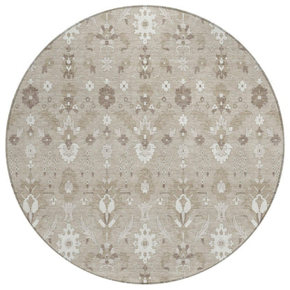 8' Beige And Brown Round Oriental Washable Indoor Outdoor Area Rug HomeRoots