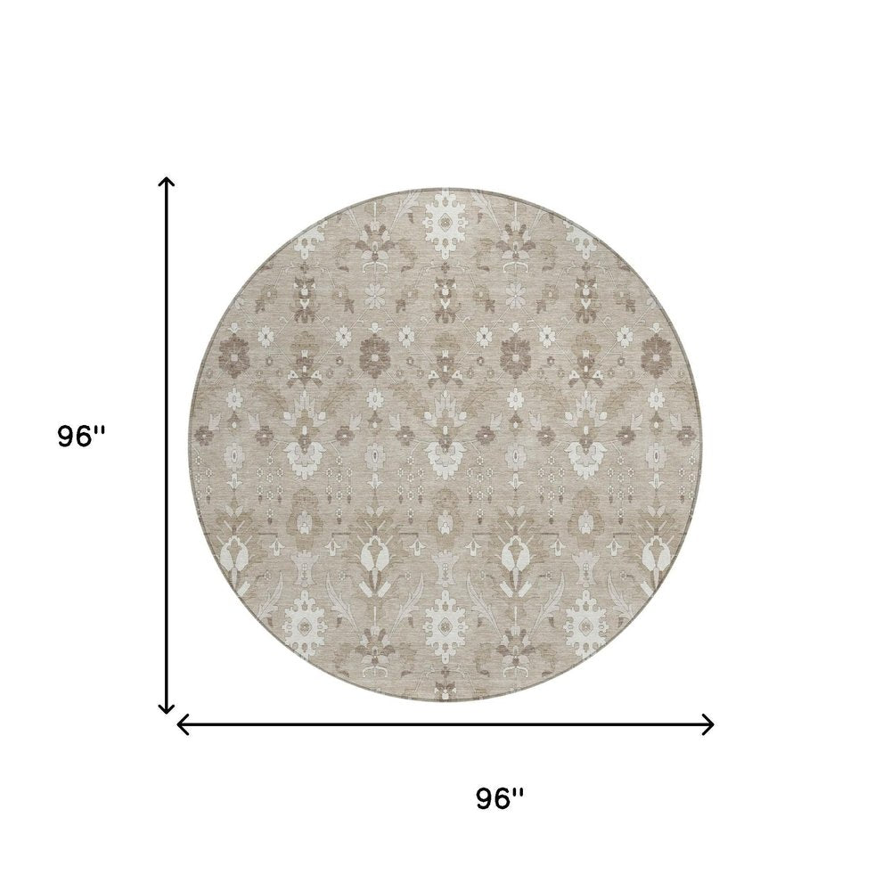 8' Beige And Brown Round Oriental Washable Indoor Outdoor Area Rug HomeRoots