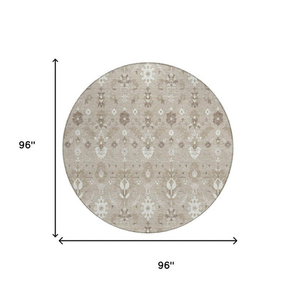 8' Beige And Brown Round Oriental Washable Indoor Outdoor Area Rug HomeRoots