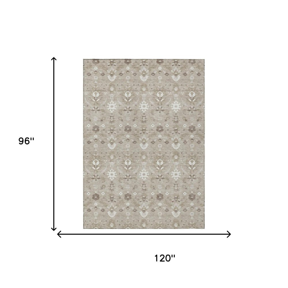 8' X 10' Beige And Brown Oriental Washable Indoor Outdoor Area Rug — view 5