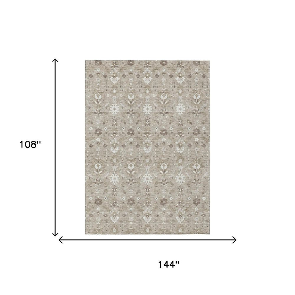 9' X 12' Beige And Brown Oriental Washable Indoor Outdoor Area Rug — view 4