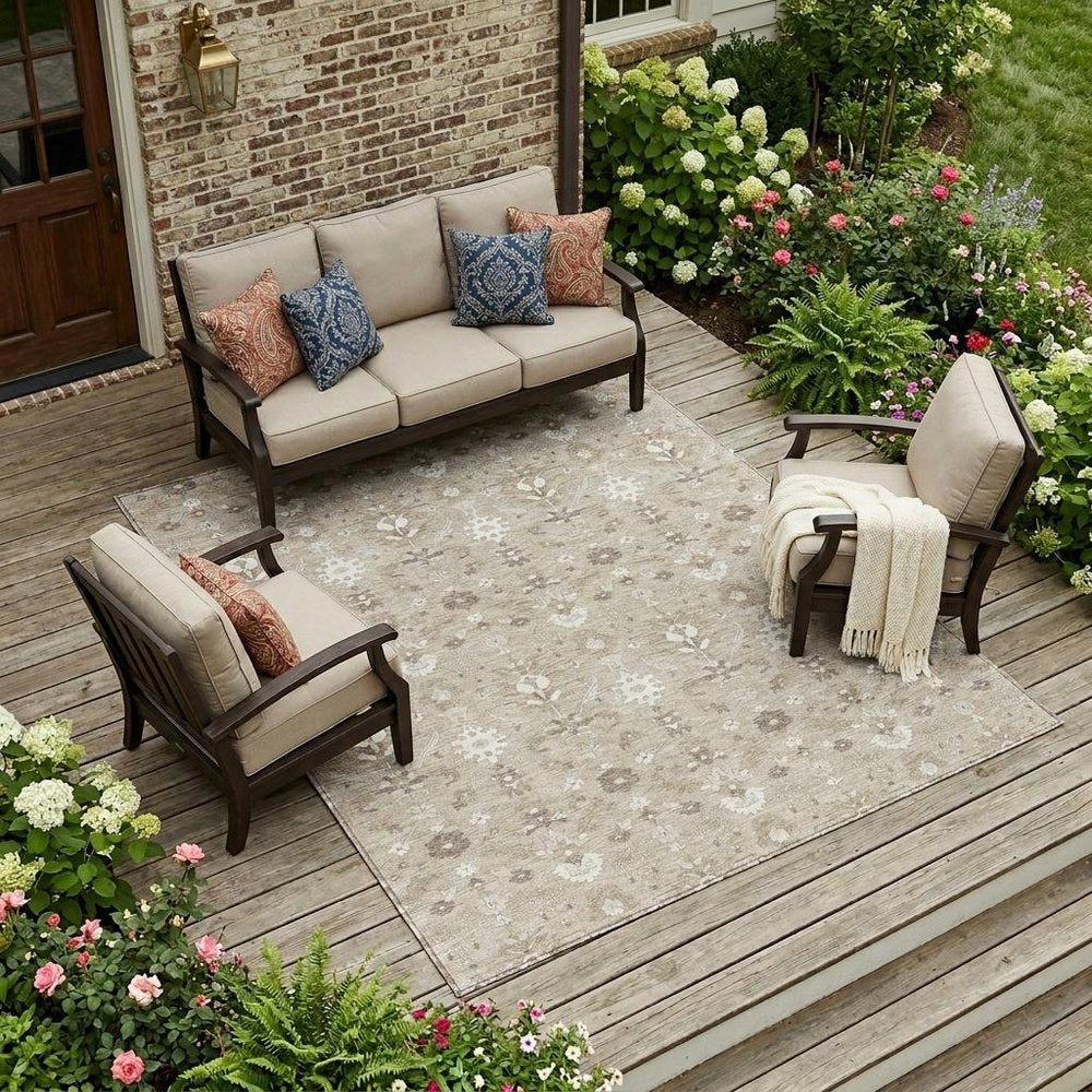 9' X 12' Beige And Brown Oriental Washable Indoor Outdoor Area Rug HomeRoots