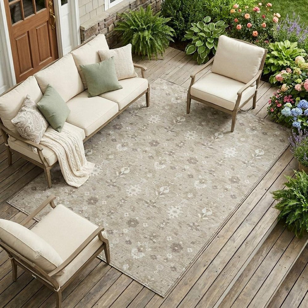 10' X 14' Beige And Brown Oriental Washable Indoor Outdoor Area Rug HomeRoots
