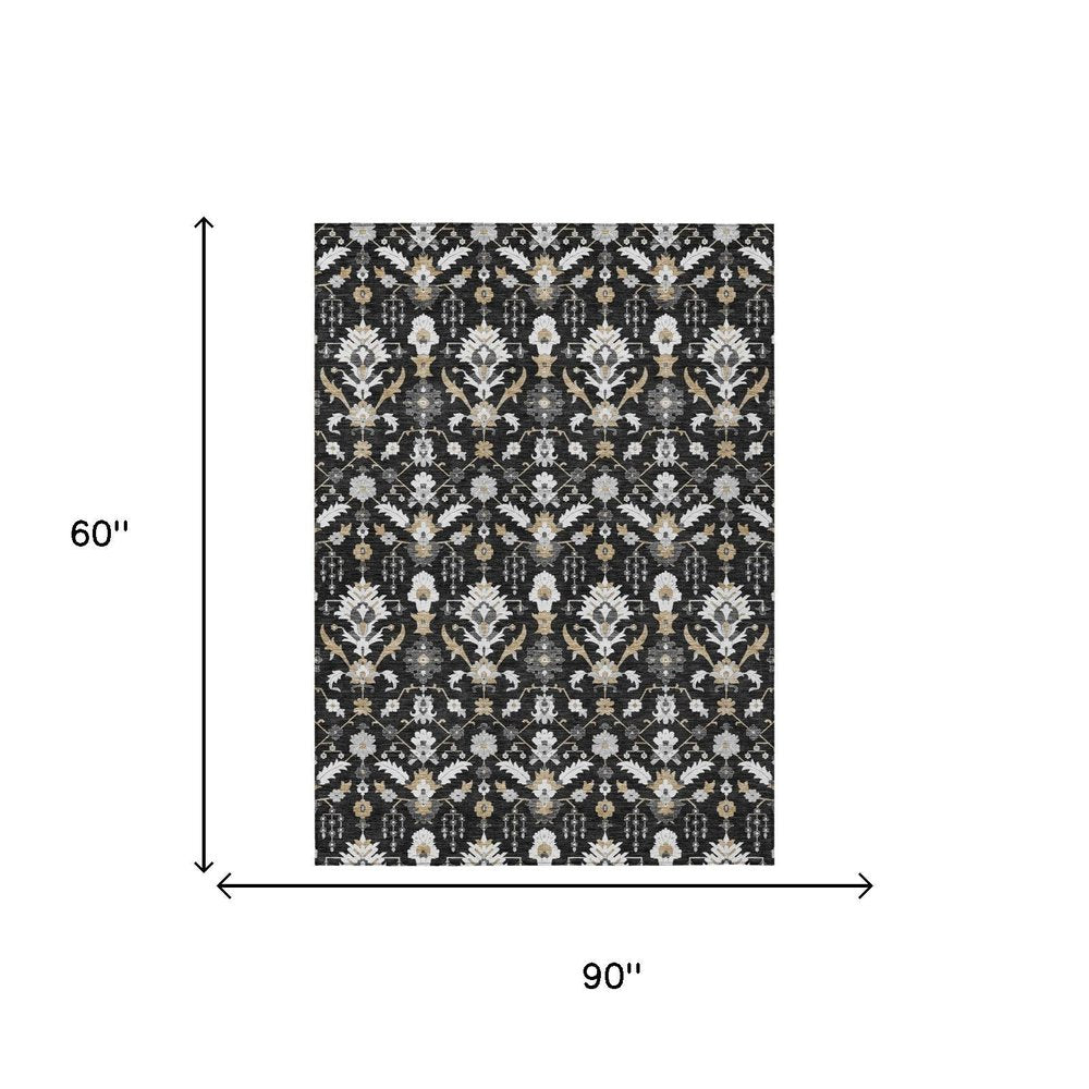 5' X 8' Black And Graphite Oriental Washable Indoor Outdoor Area Rug — view 4