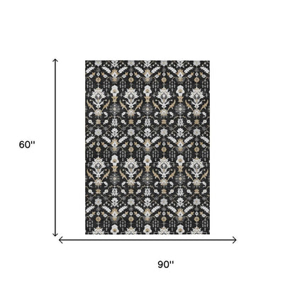 5' X 8' Black And Graphite Oriental Washable Indoor Outdoor Area Rug HomeRoots