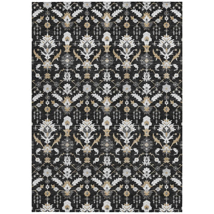 5' X 8' Black And Graphite Oriental Washable Indoor Outdoor Area Rug