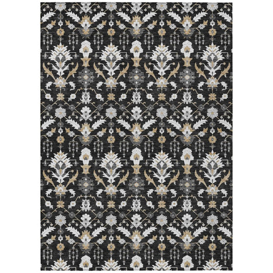 5' X 8' Black And Graphite Oriental Washable Indoor Outdoor Area Rug