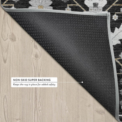 5' X 8' Black And Graphite Oriental Washable Indoor Outdoor Area Rug