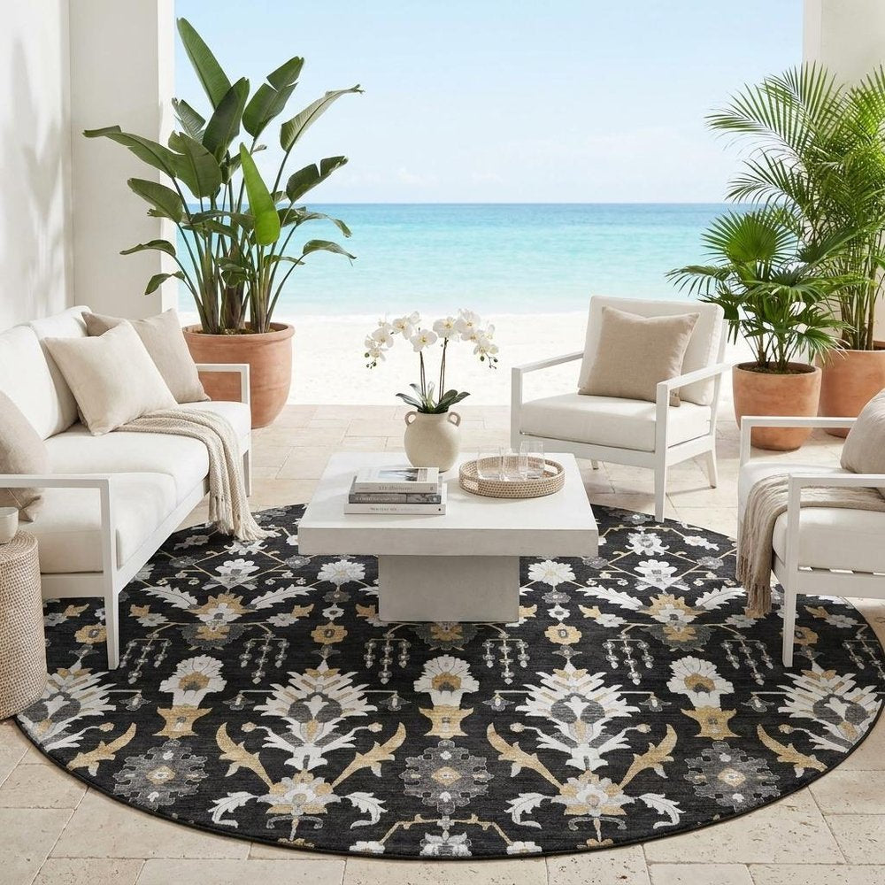 8' Black And Graphite Round Oriental Washable Indoor Outdoor Area Rug — view 5