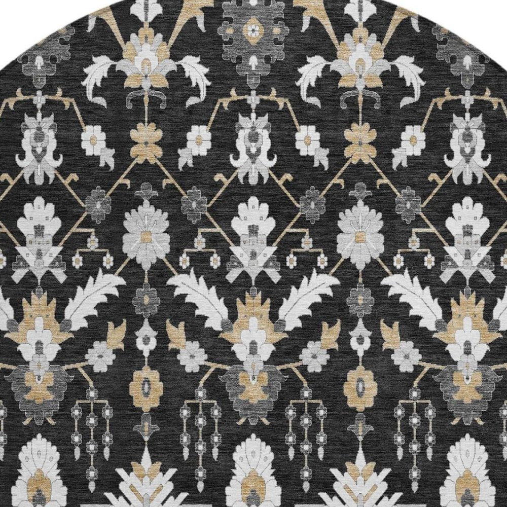 8' Black And Graphite Round Oriental Washable Indoor Outdoor Area Rug