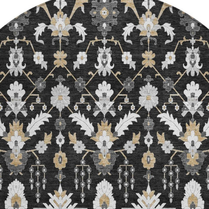 8' Black And Graphite Round Oriental Washable Indoor Outdoor Area Rug