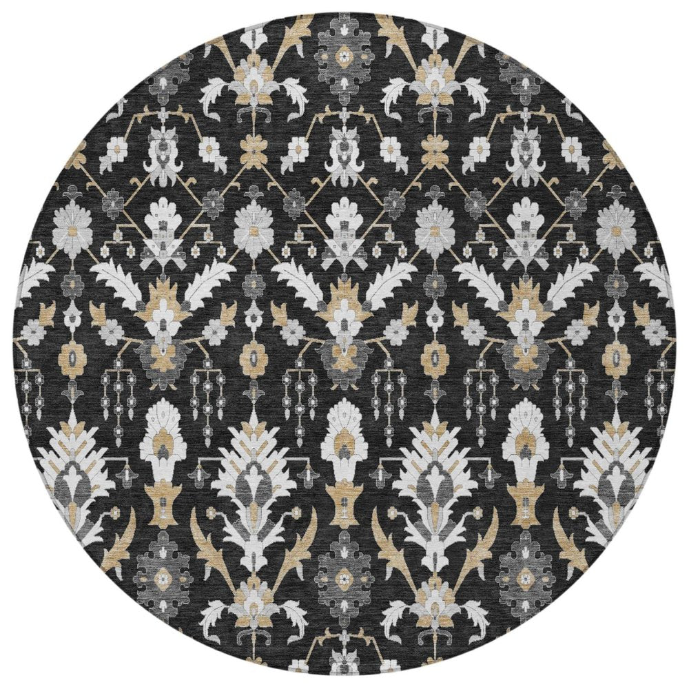 8' Black And Graphite Round Oriental Washable Indoor Outdoor Area Rug