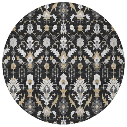 8' Black And Graphite Round Oriental Washable Indoor Outdoor Area Rug