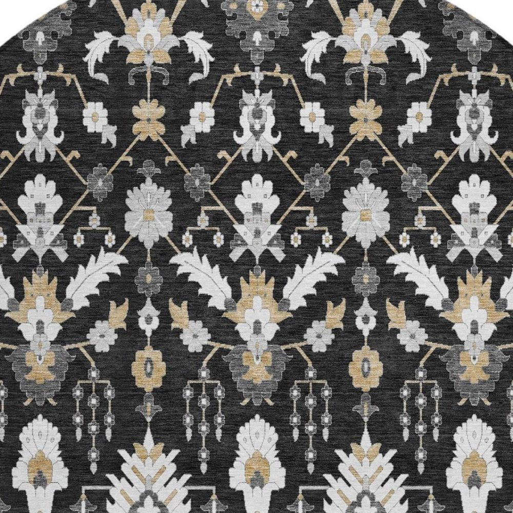 8' Black And Graphite Round Oriental Washable Indoor Outdoor Area Rug