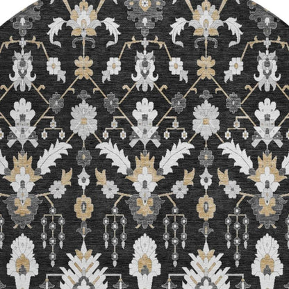 8' Black And Graphite Round Oriental Washable Indoor Outdoor Area Rug