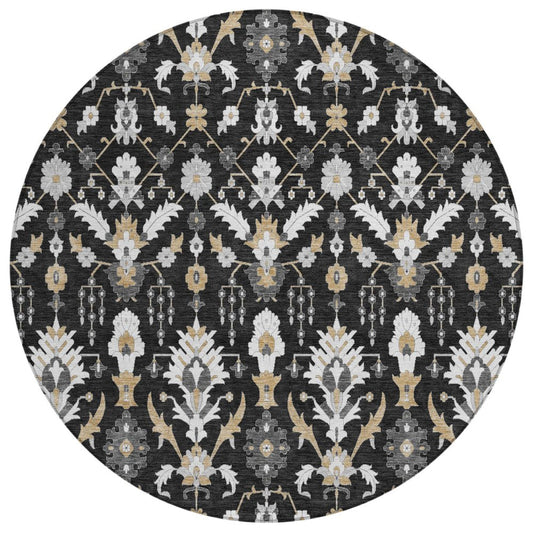 8' Black And Graphite Round Oriental Washable Indoor Outdoor Area Rug