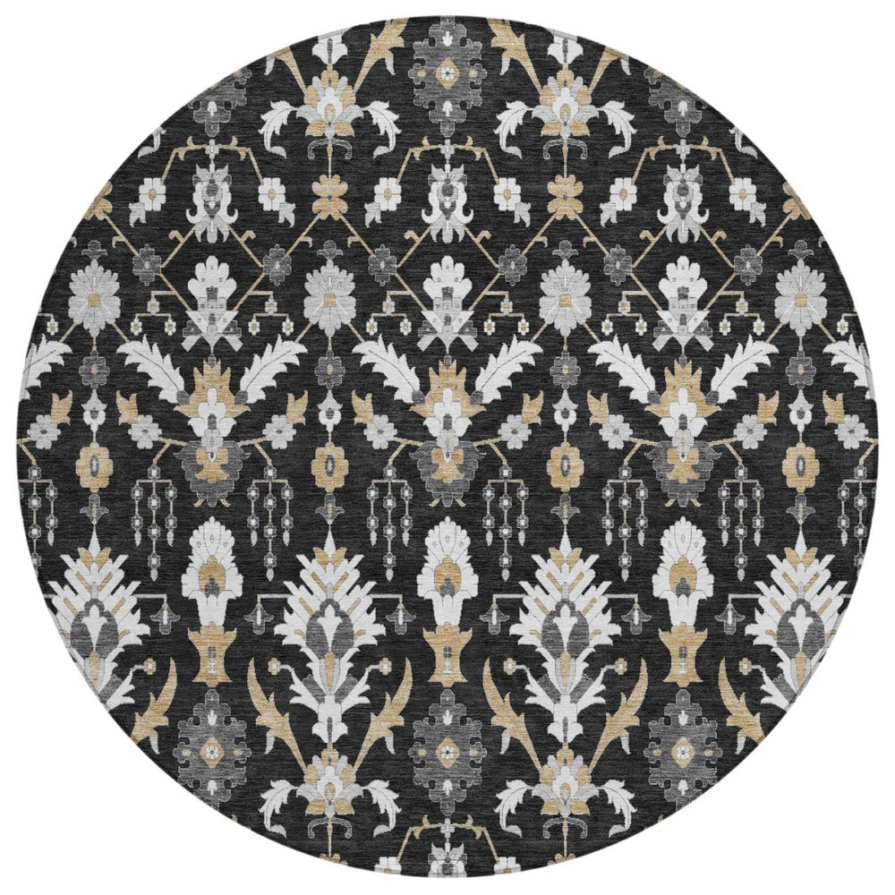 8' Black And Graphite Round Oriental Washable Indoor Outdoor Area Rug HomeRoots