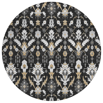 8' Black And Graphite Round Oriental Washable Indoor Outdoor Area Rug HomeRoots