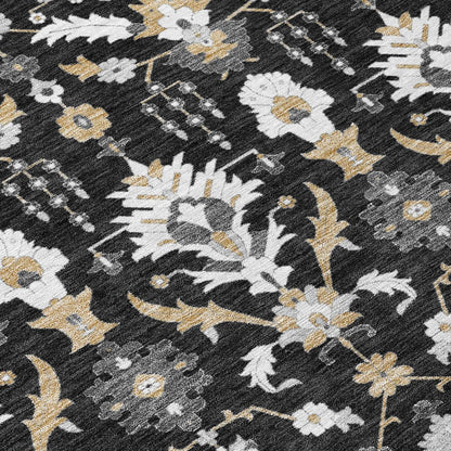 8' Black And Graphite Round Oriental Washable Indoor Outdoor Area Rug