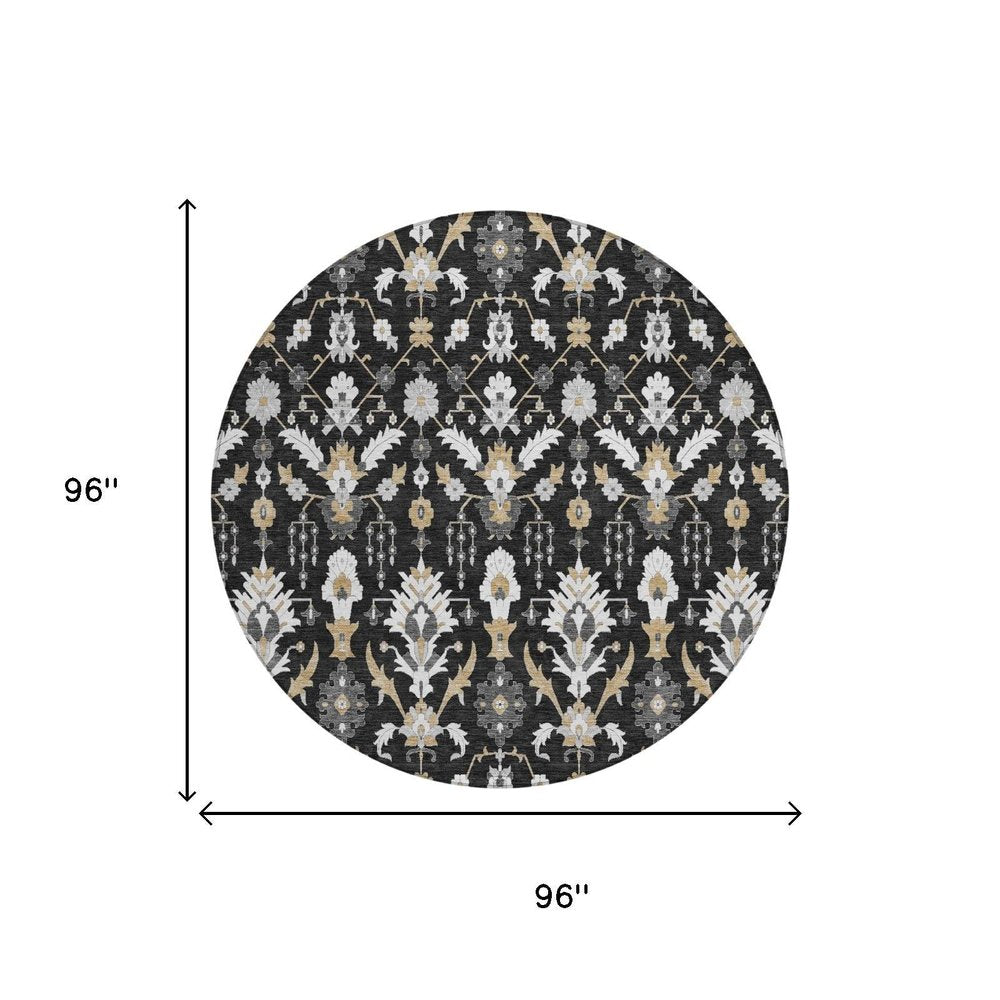 8' Black And Graphite Round Oriental Washable Indoor Outdoor Area Rug HomeRoots
