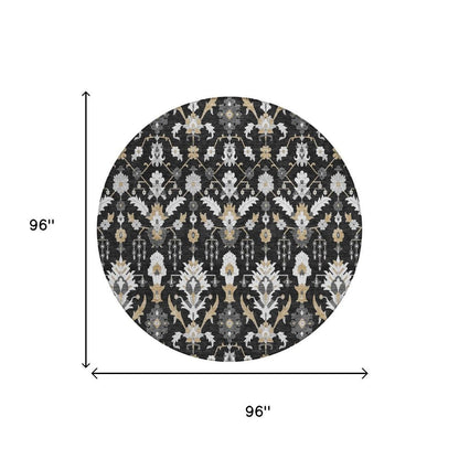 8' Black And Graphite Round Oriental Washable Indoor Outdoor Area Rug HomeRoots