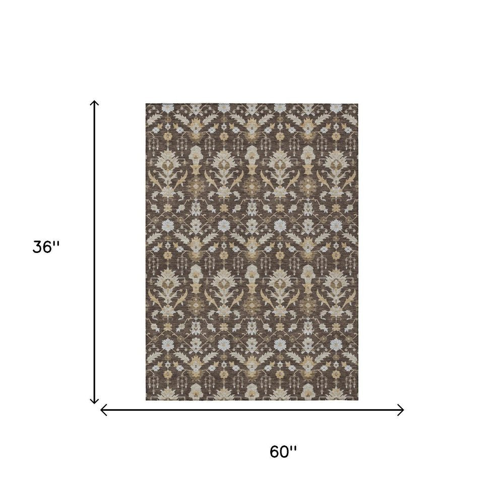 3' X 5' Chocolate And Brown Oriental Washable Indoor Outdoor Area Rug — view 5