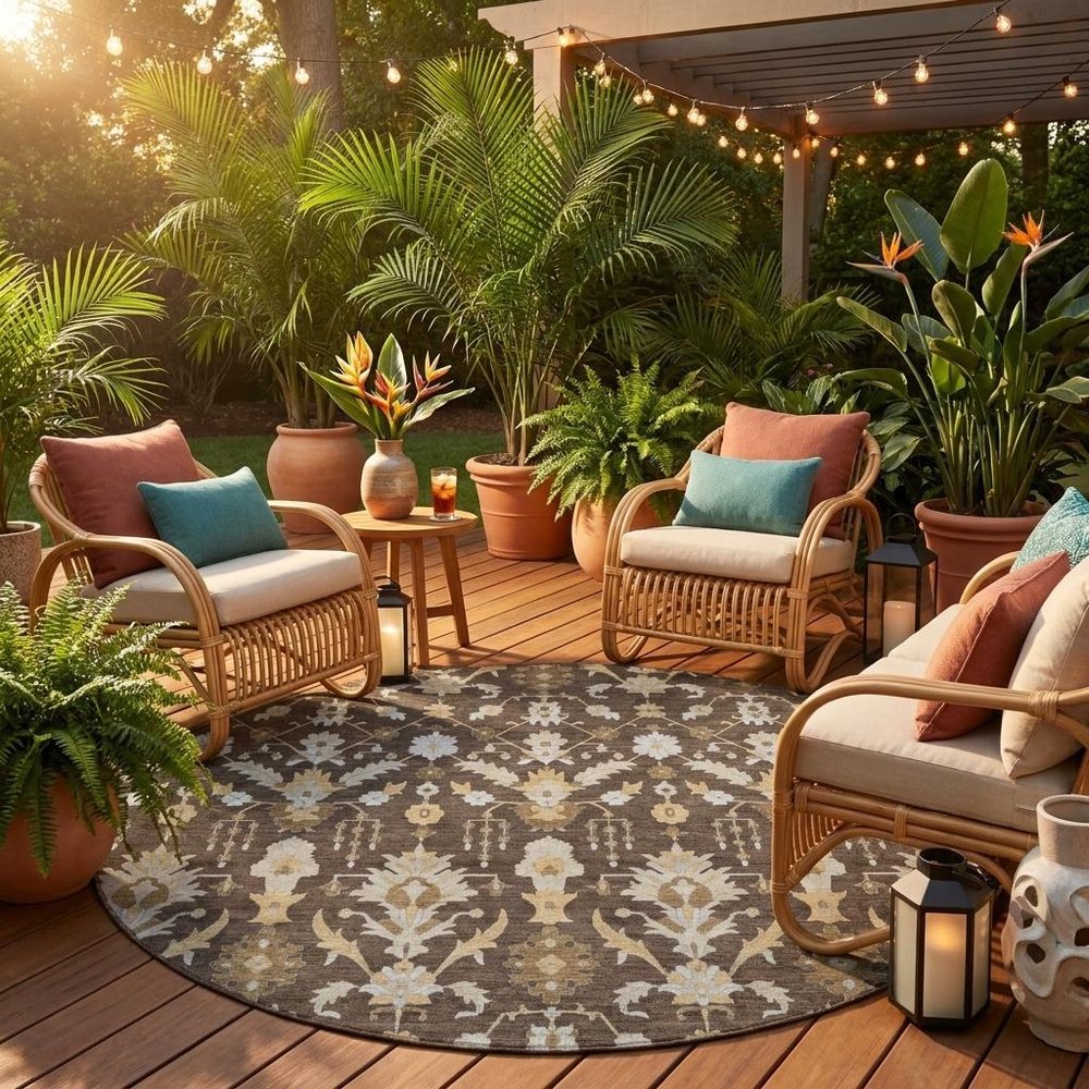 8' Chocolate And Brown Round Oriental Washable Indoor Outdoor Area Rug HomeRoots