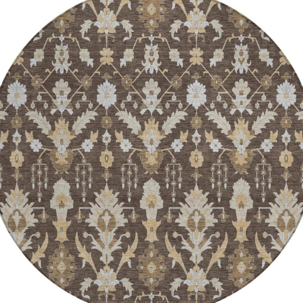 8' Chocolate And Brown Round Oriental Washable Indoor Outdoor Area Rug — view 7
