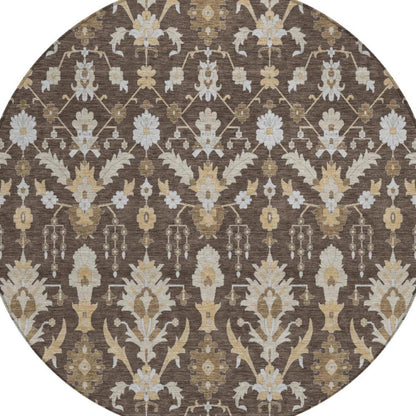 8' Chocolate And Brown Round Oriental Washable Indoor Outdoor Area Rug