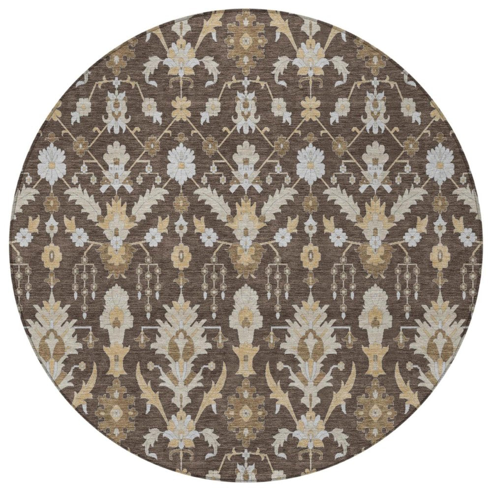 8' Chocolate And Brown Round Oriental Washable Indoor Outdoor Area Rug