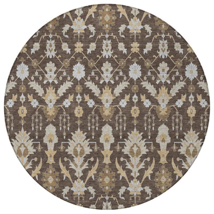 8' Chocolate And Brown Round Oriental Washable Indoor Outdoor Area Rug