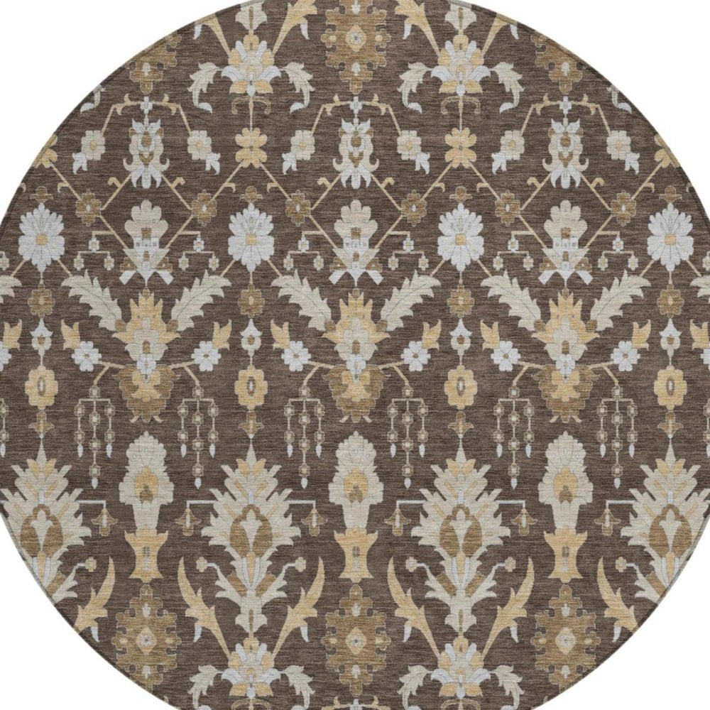 8' Chocolate And Brown Round Oriental Washable Indoor Outdoor Area Rug