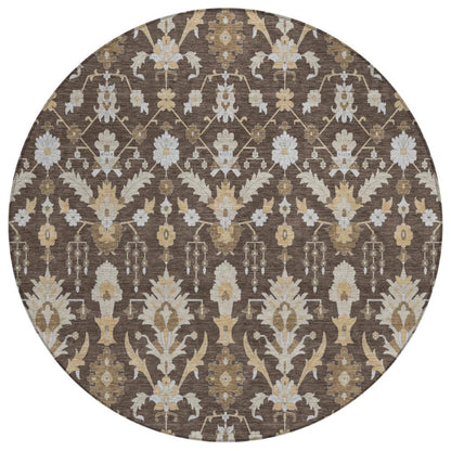 8' Chocolate And Brown Round Oriental Washable Indoor Outdoor Area Rug