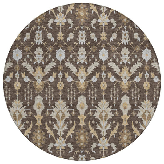 8' Chocolate And Brown Round Oriental Washable Indoor Outdoor Area Rug