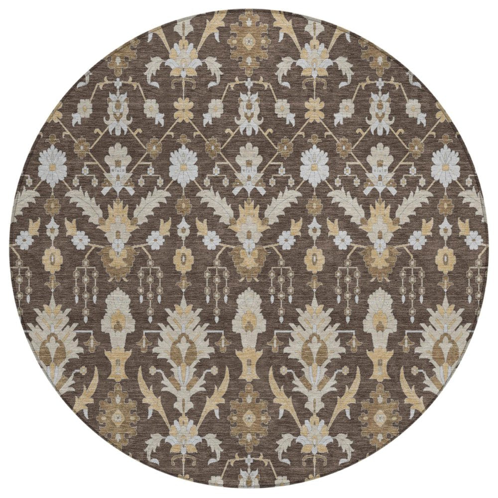 8' Chocolate And Brown Round Oriental Washable Indoor Outdoor Area Rug — view 1