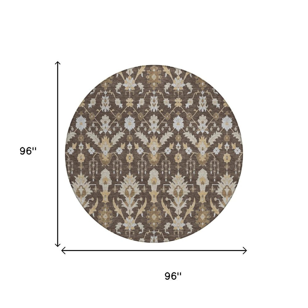 8' Chocolate And Brown Round Oriental Washable Indoor Outdoor Area Rug — view 5