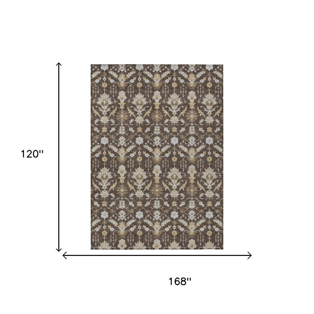 10' X 14' Chocolate And Brown Oriental Washable Indoor Outdoor Area Rug — view 4