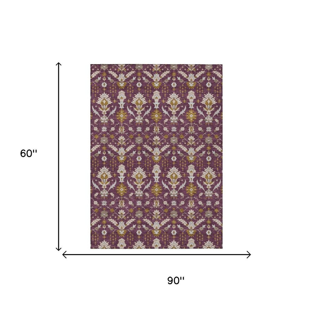 5' X 8' Eggplant And Purple Oriental Washable Indoor Outdoor Area Rug HomeRoots