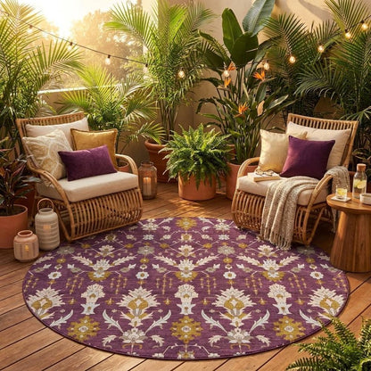 8' Eggplant And Purple Round Oriental Washable Indoor Outdoor Area Rug HomeRoots