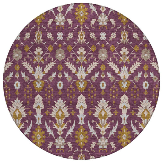 8' Eggplant And Purple Round Oriental Washable Indoor Outdoor Area Rug