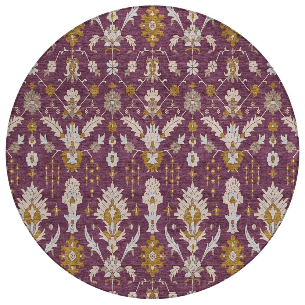 8' Eggplant And Purple Round Oriental Washable Indoor Outdoor Area Rug — view 1