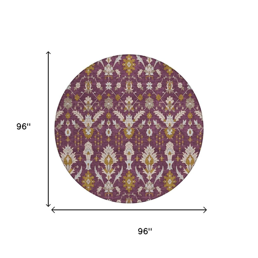 8' Eggplant And Purple Round Oriental Washable Indoor Outdoor Area Rug — view 4