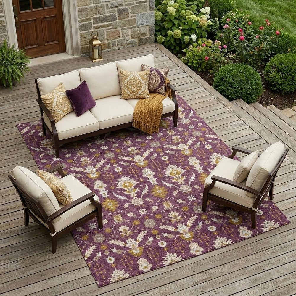 9' X 12' Eggplant And Purple Oriental Washable Indoor Outdoor Area Rug — view 5