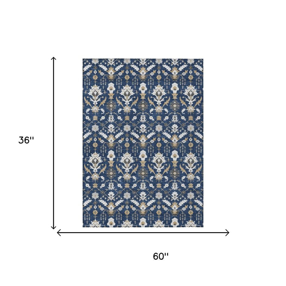 3' X 5' Navy Blue And Blue Oriental Washable Indoor Outdoor Area Rug HomeRoots