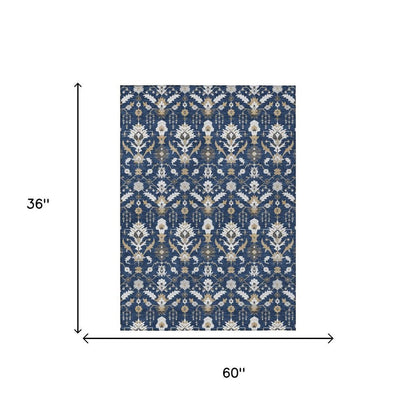 3' X 5' Navy Blue And Blue Oriental Washable Indoor Outdoor Area Rug HomeRoots