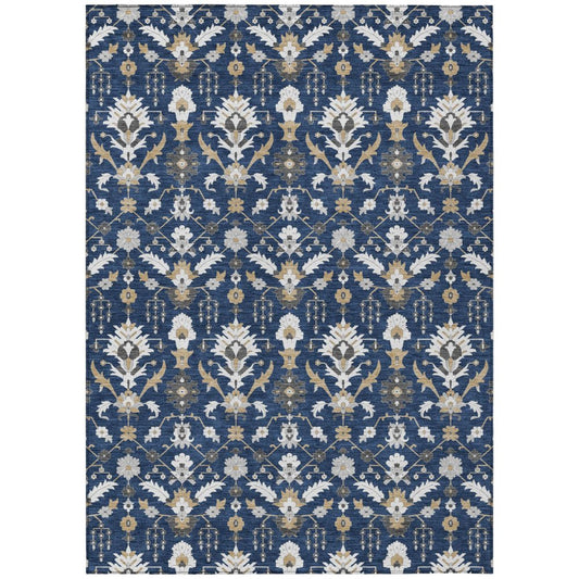 3' X 5' Navy Blue And Blue Oriental Washable Indoor Outdoor Area Rug