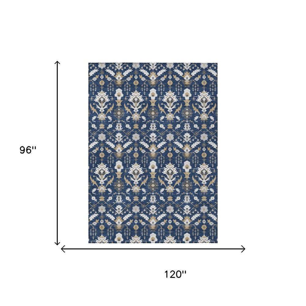 8' X 10' Navy Blue And Blue Oriental Washable Indoor Outdoor Area Rug — view 4