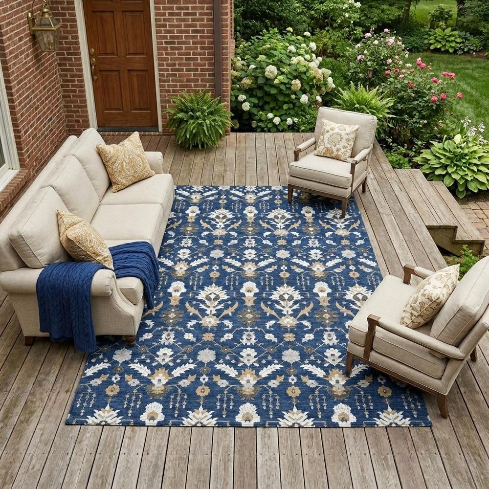 8' X 10' Navy Blue And Blue Oriental Washable Indoor Outdoor Area Rug HomeRoots