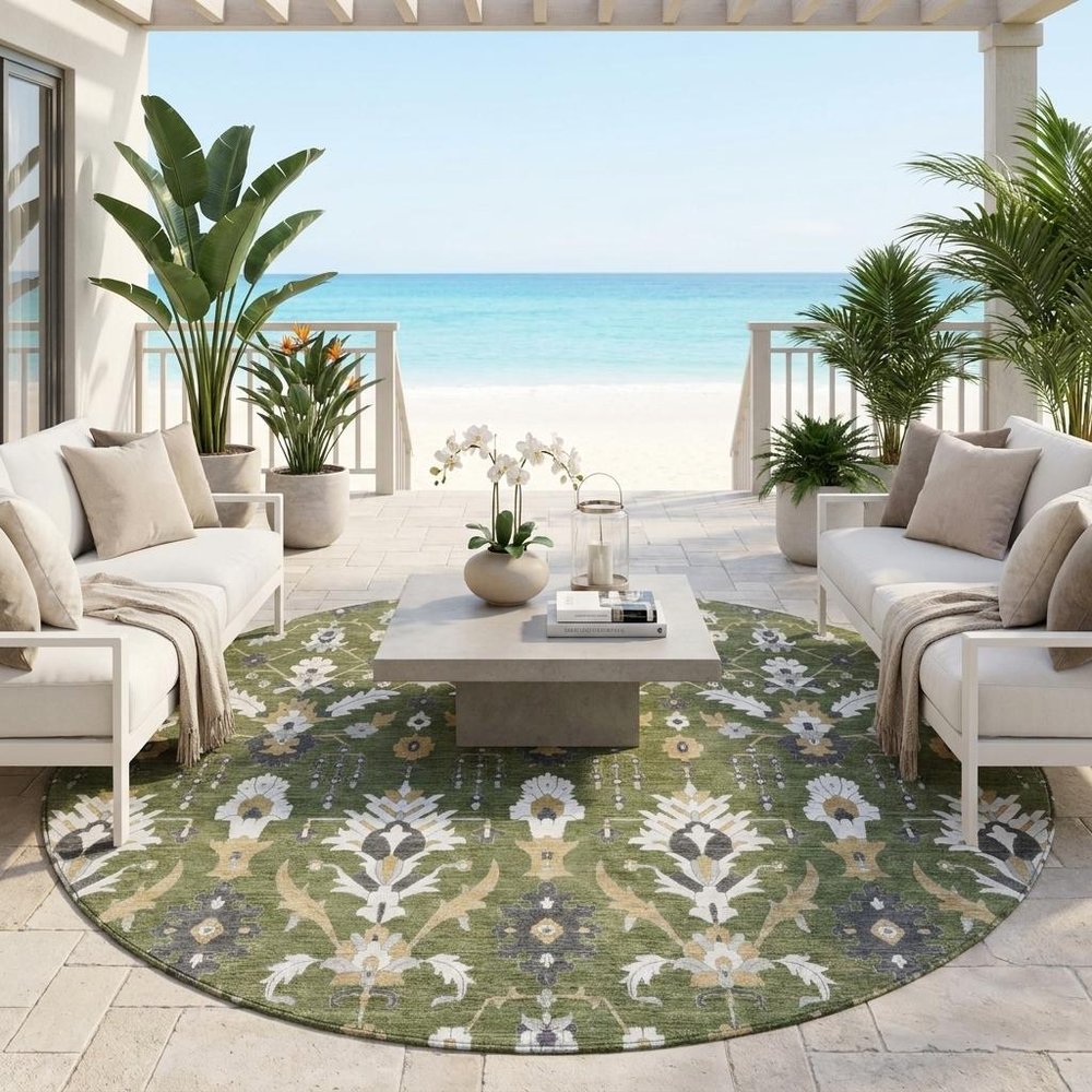 8' Olive Green And Green Round Oriental Washable Indoor Outdoor Area Rug — view 5