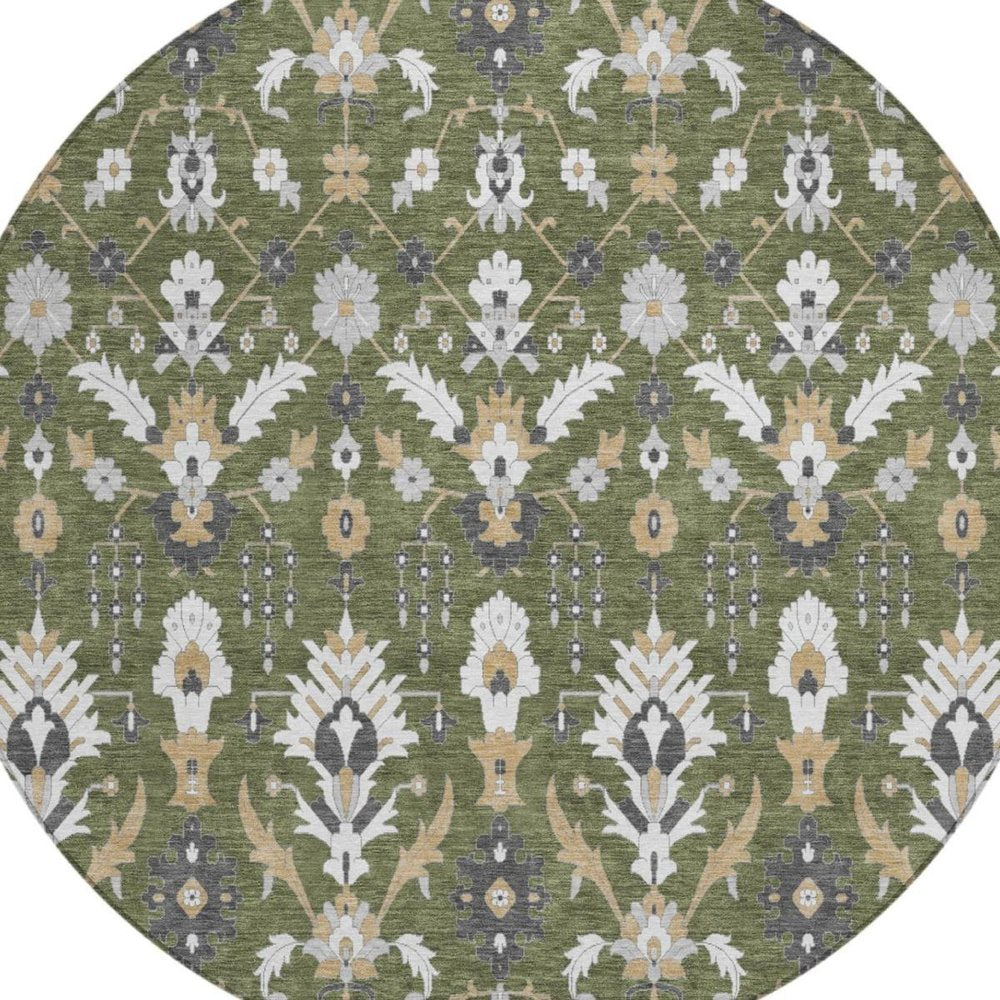 8' Olive Green And Green Round Oriental Washable Indoor Outdoor Area Rug — view 7